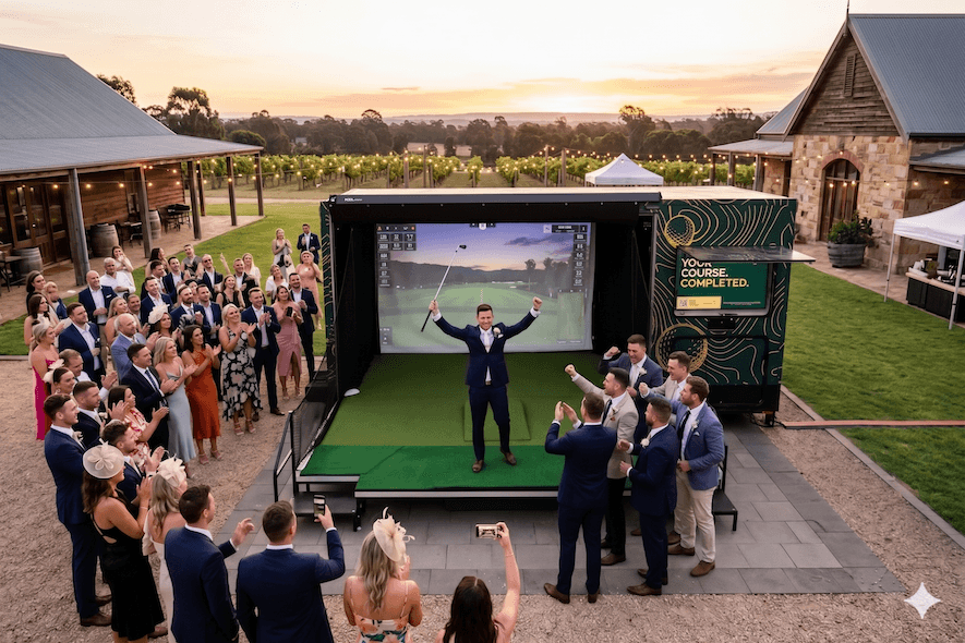Golf Daze simulator as a wedding activity at a vineyard