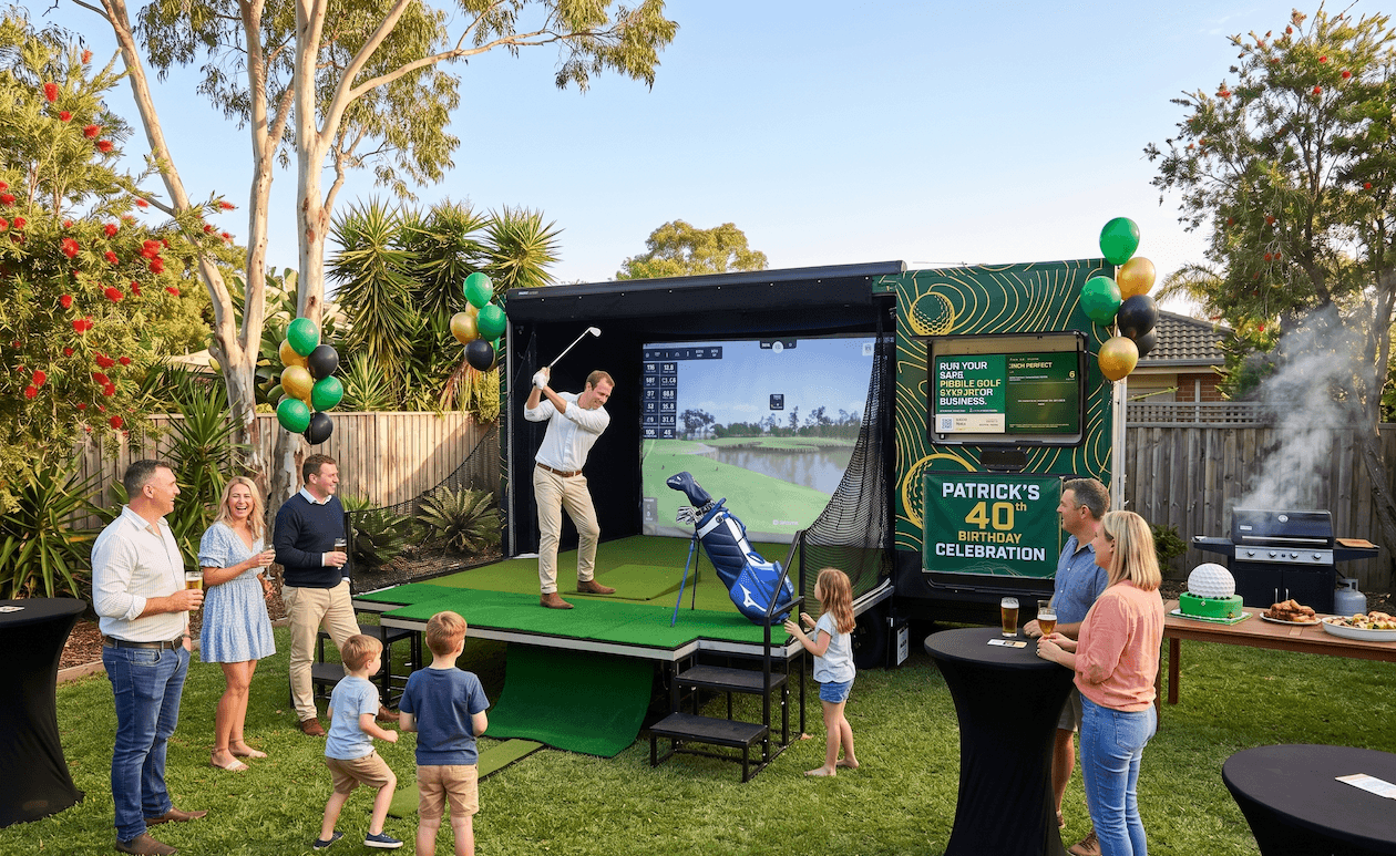 Guests playing the Golf Daze simulator at a backyard party