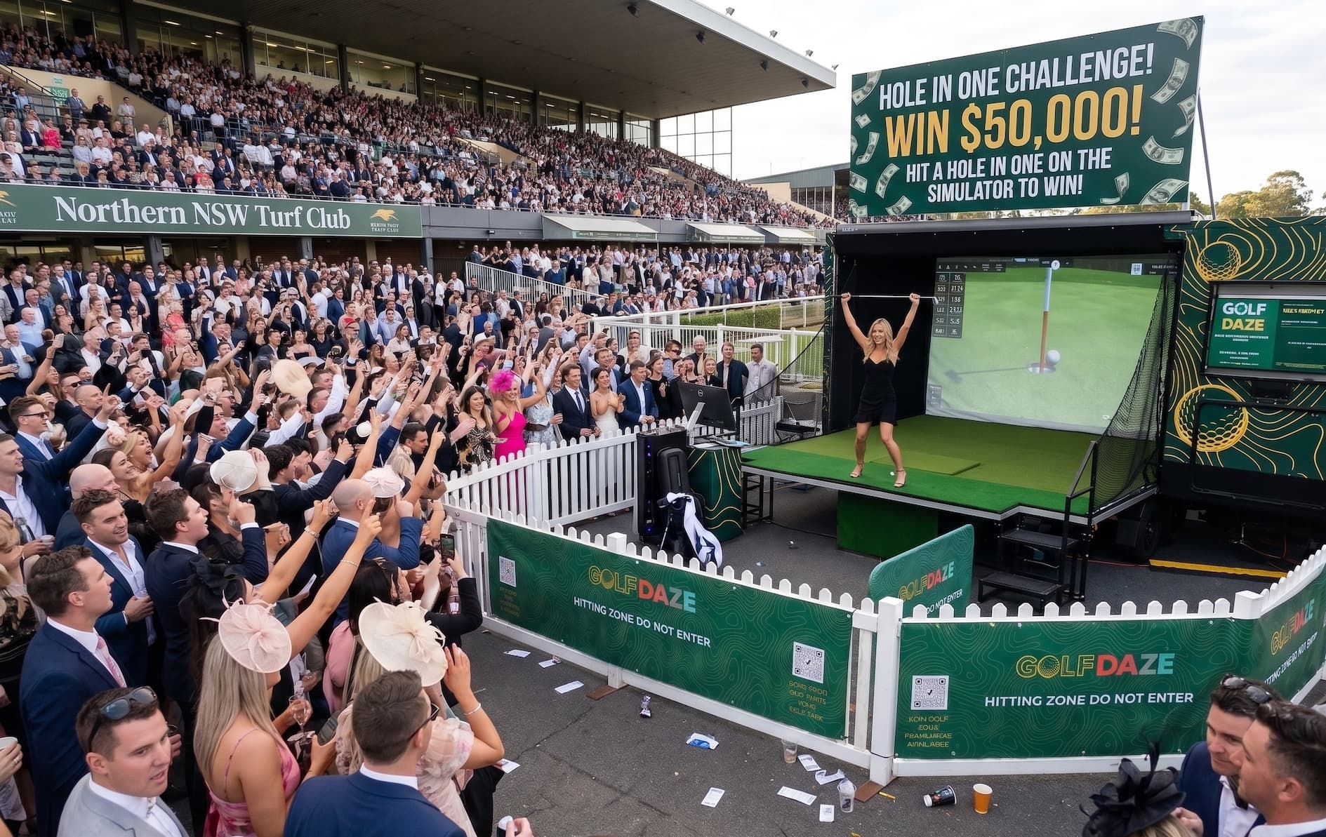 The Golf Daze hole-in-one activation drawing a crowd at the racecourse