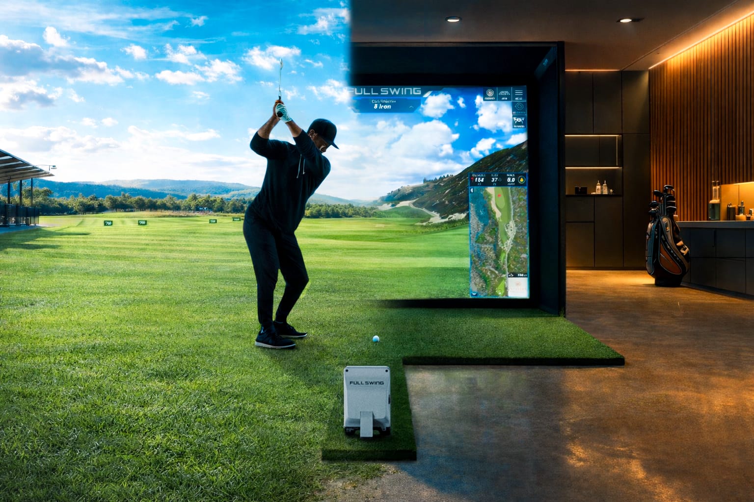 Full Swing KIT golf launch monitor in use — indoor and outdoor setup