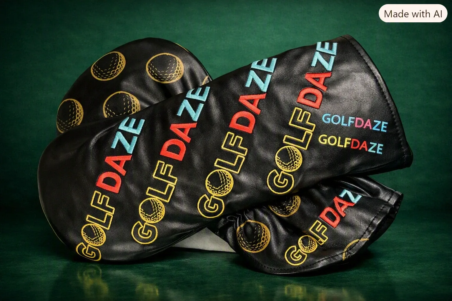 Golf Daze black leather driver headcover with gold ball pattern